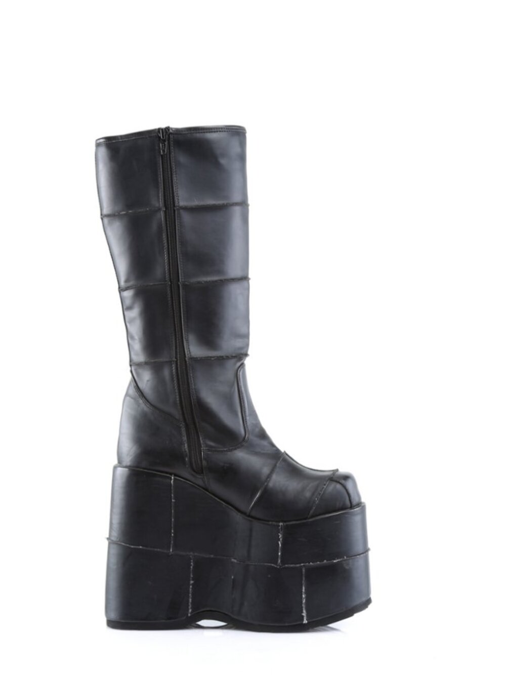 Blk Vegan Leather Goth Cyber Gogo Punk Patched Knee High Boots